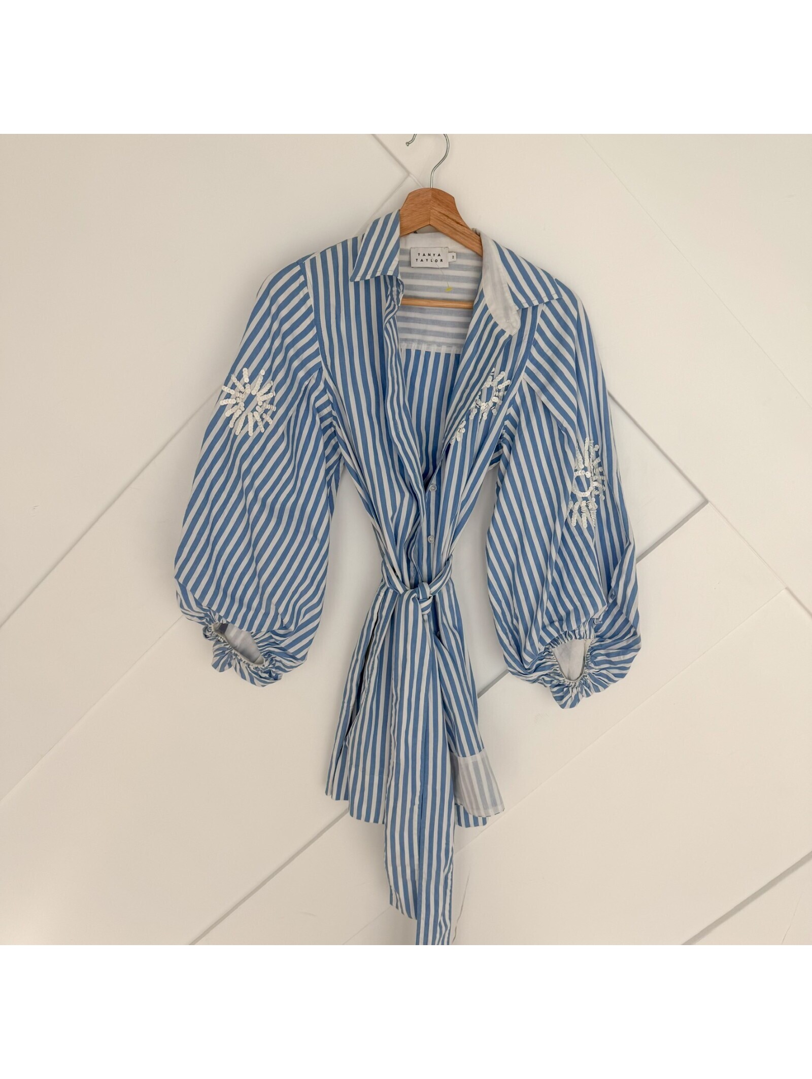 Tanya Taylor Blue Madelyn White Striped Cotton Wrap Dress Embroidered Sleeves 2